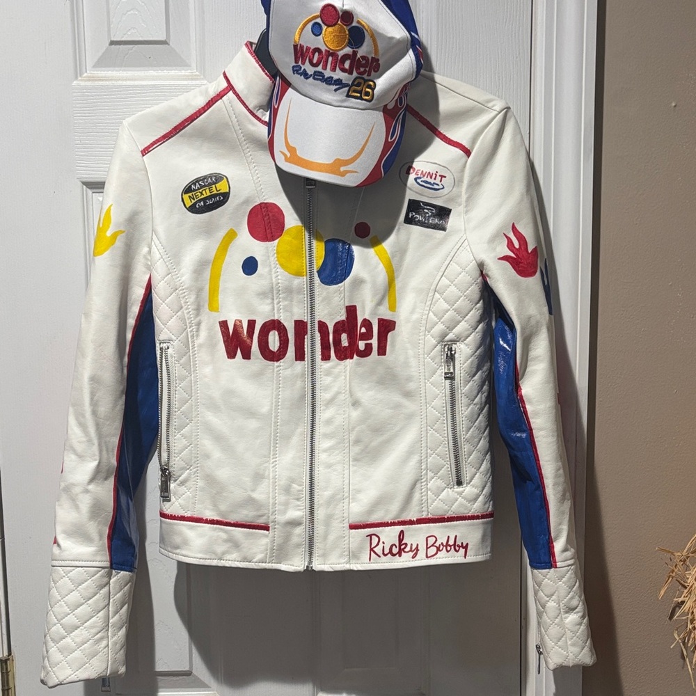 Next White and Blue women’s leather Jacket with Colorful Accents